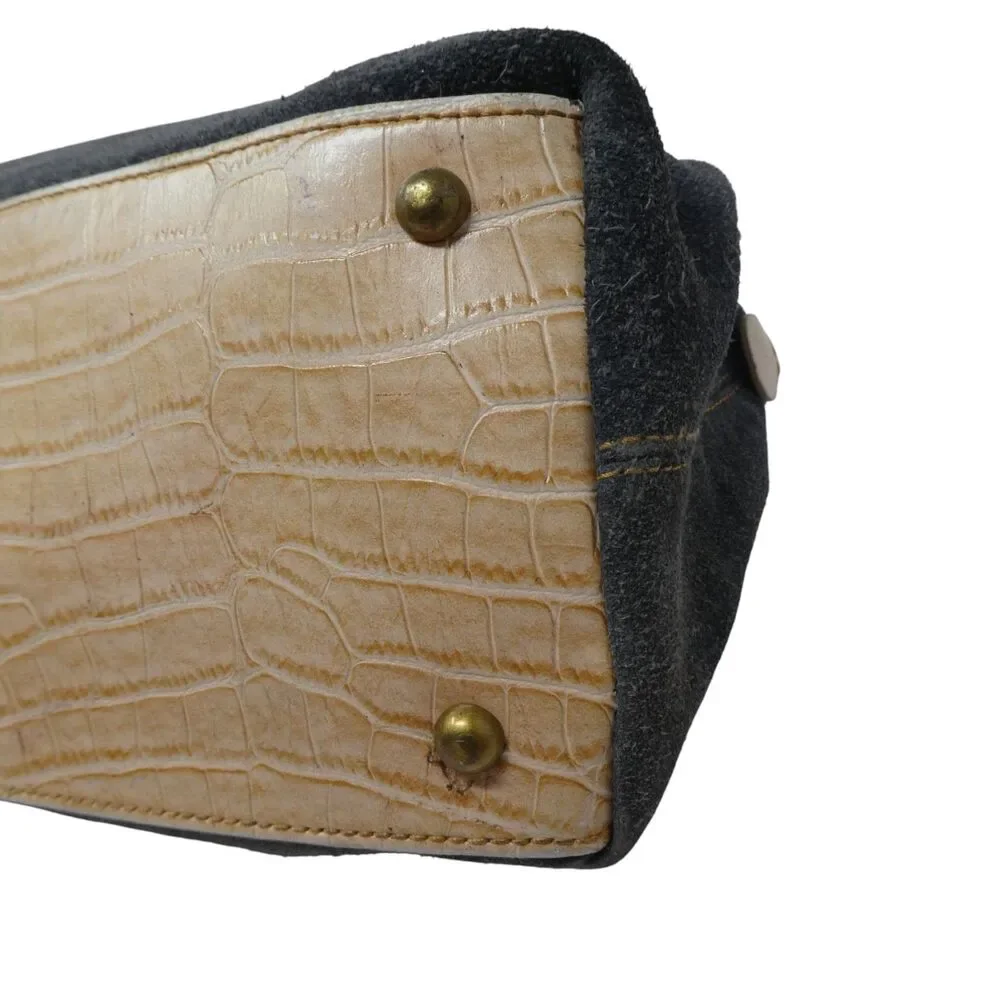 Sanpo Gray Suede Ostrich Leather Satchal Handbag Purse‎
